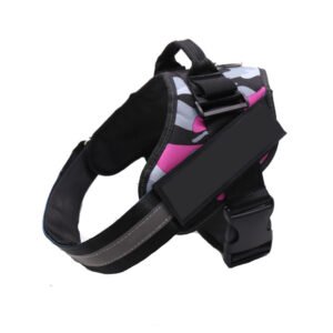 Side view of camo dog harness with adjustable straps and comfortable support