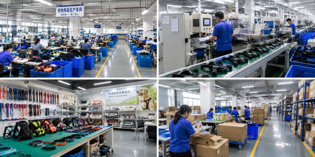 Chinese pet products factory showing manufacturing, assembly, quality inspection, and packaging